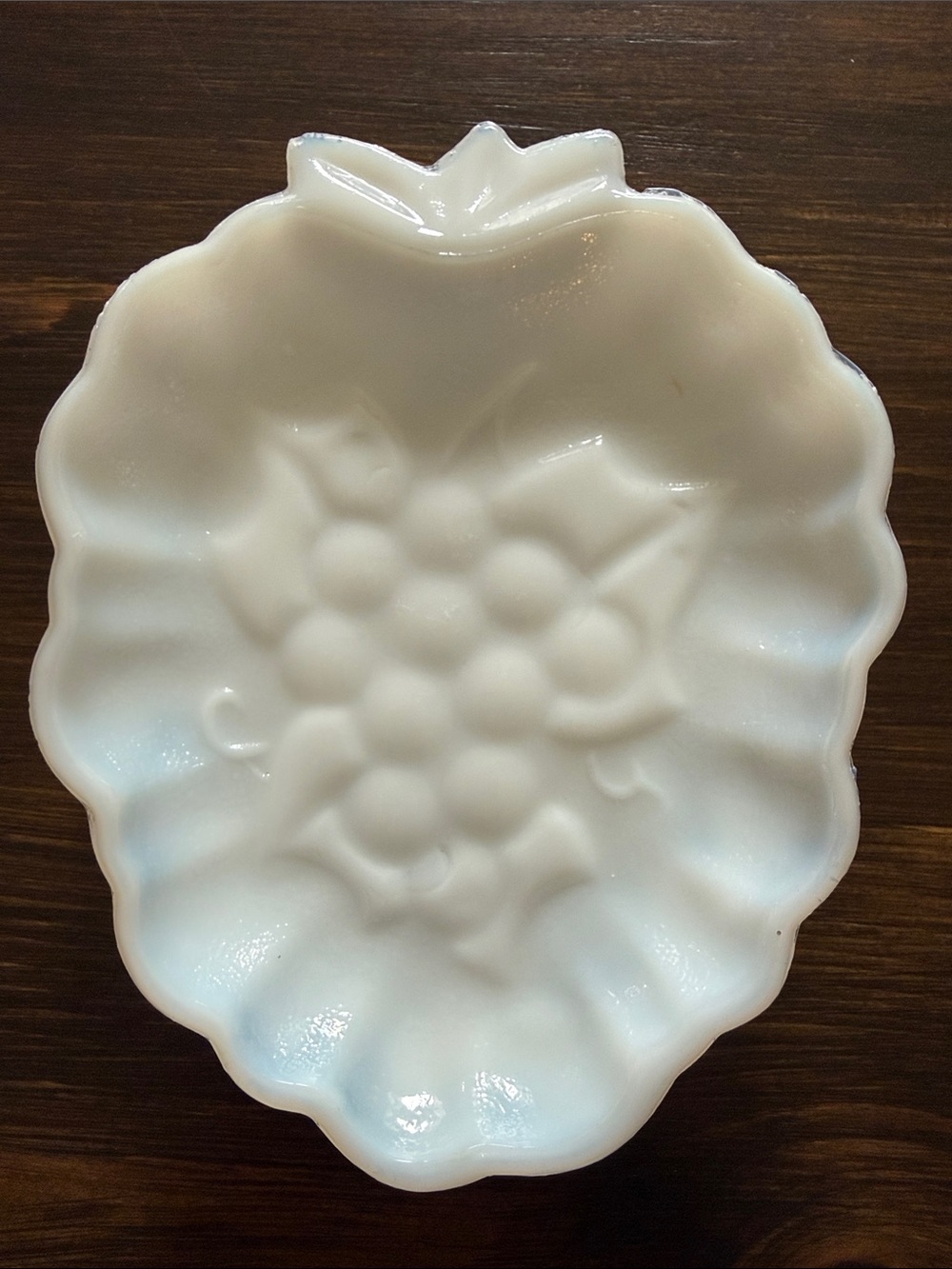 vintage Hazel Atlas white milk glass dish shaped like a cluster of grapes